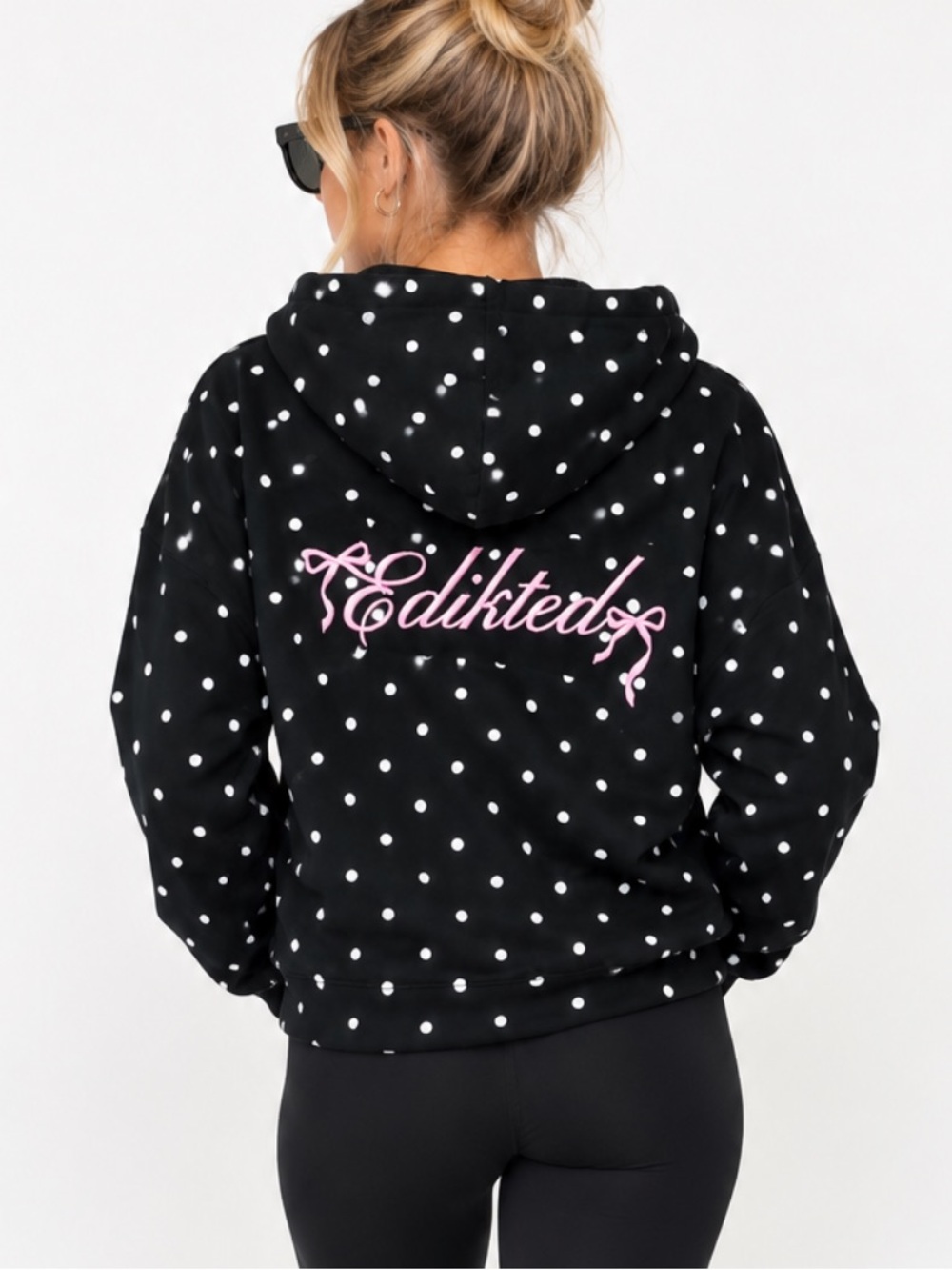 Edikted Black Polka Dot Hoodie with Pink Script Logo
